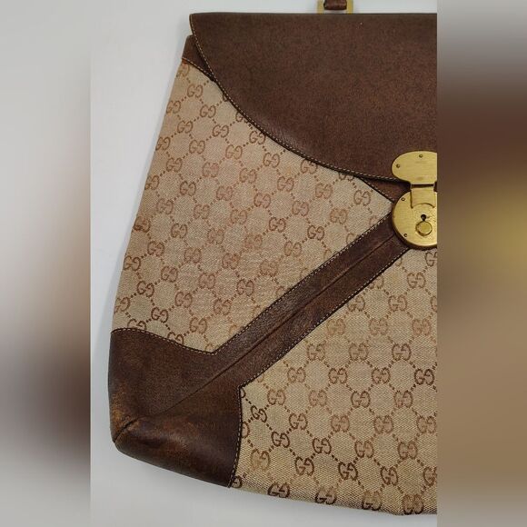 Gucci Brown Leather & Cream Logo Monogram Satchel Bag Vintage - Picture 3 of 16